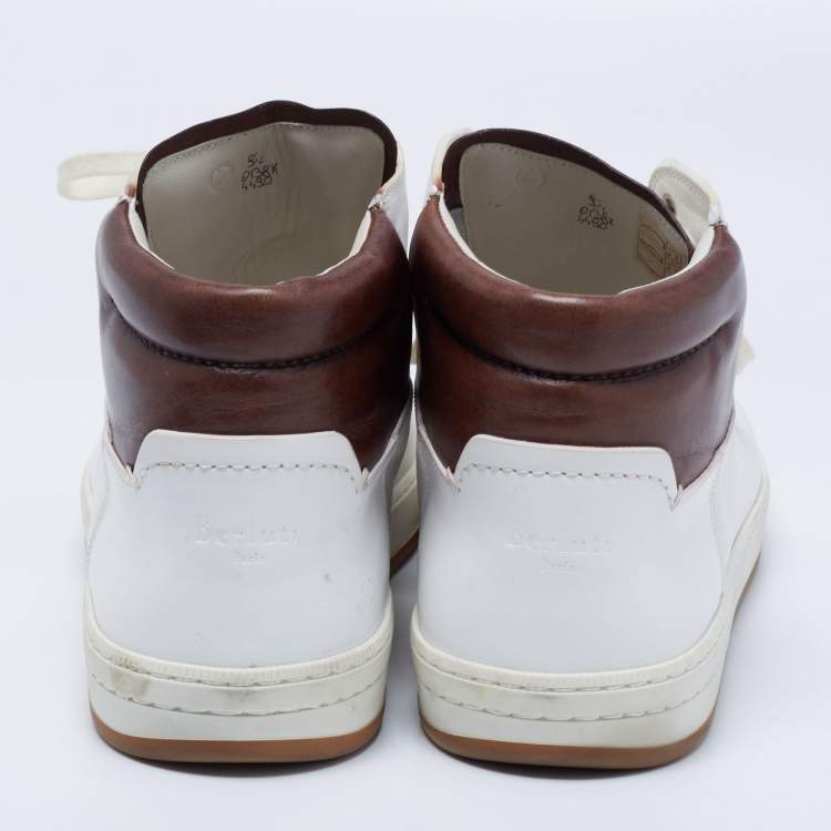 Pre Owned Berluti White/Brown Leather High Top Sneakers Size 43