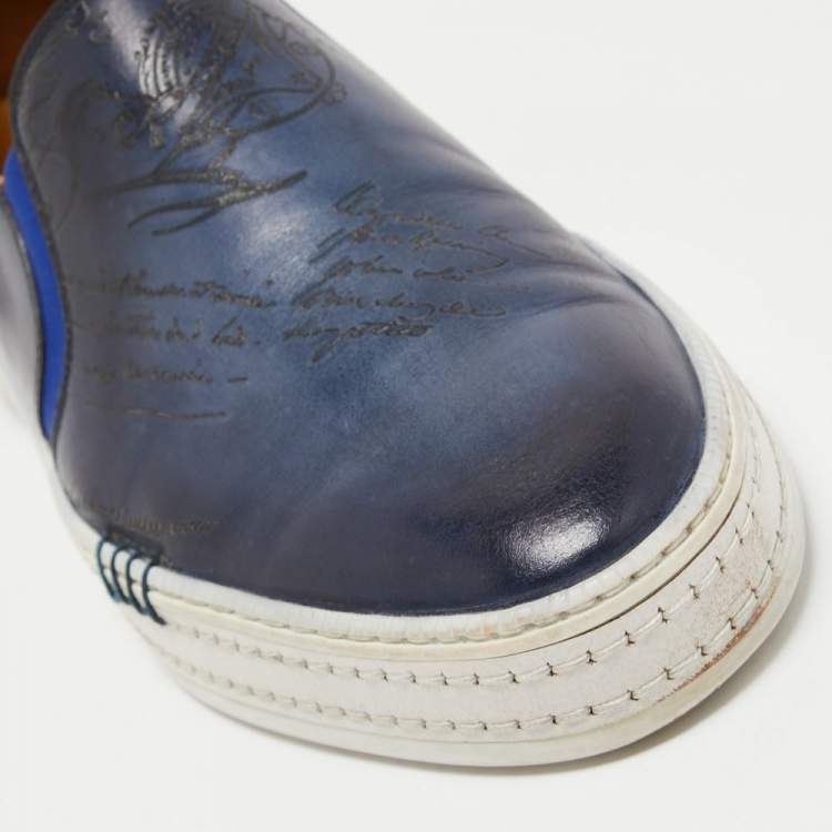 Pre Owned Berluti Blue Leather Eden Scritto Loafers Size 40.5