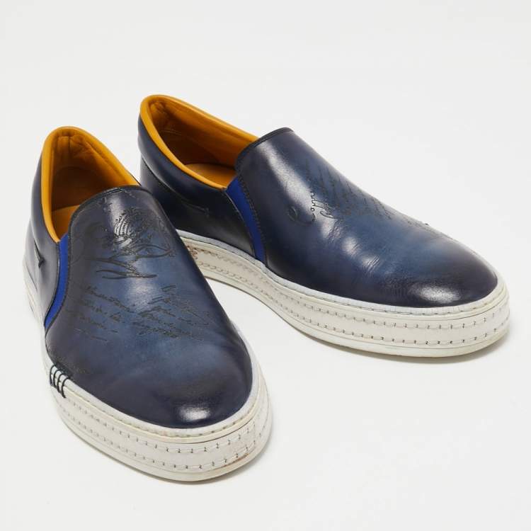 Pre Owned Berluti Blue Leather Eden Scritto Loafers Size 40.5