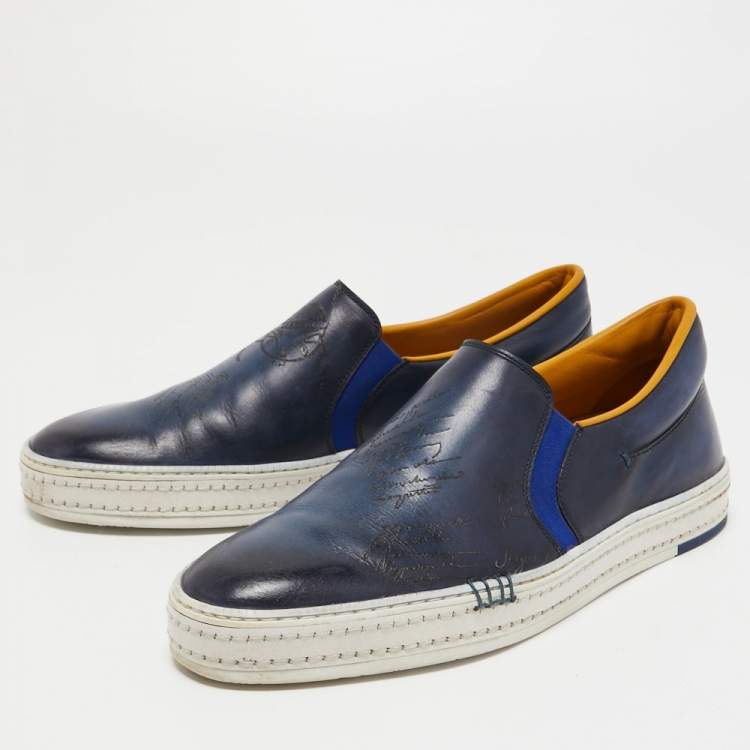 Pre Owned Berluti Blue Leather Eden Scritto Loafers Size 40.5