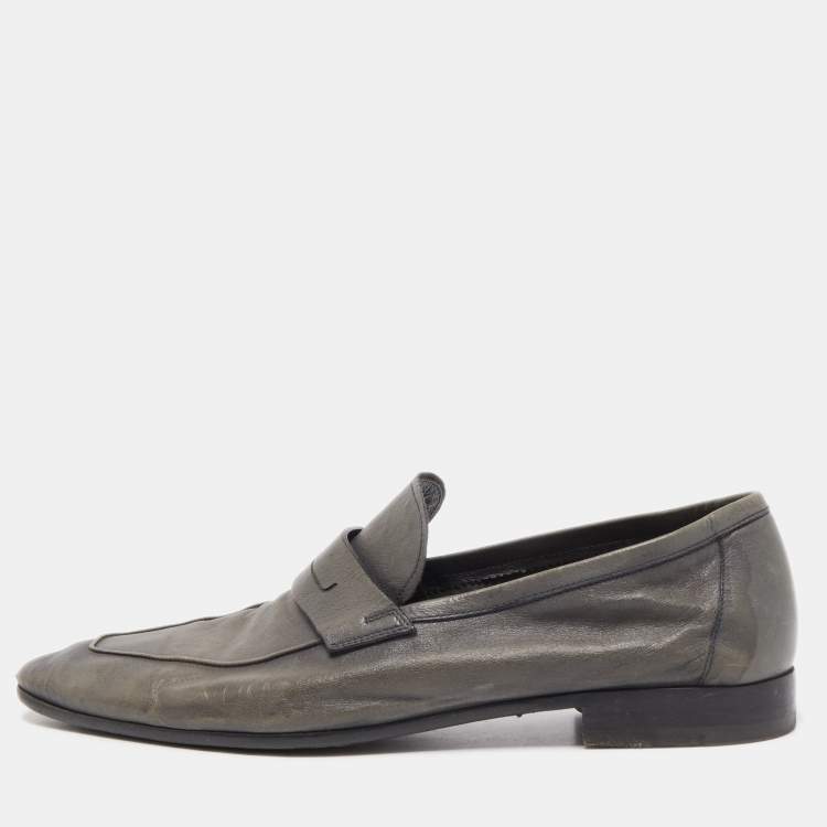Pre Owned Berluti Grey Leather Lorenzo Slip On Loafers Size 42.5