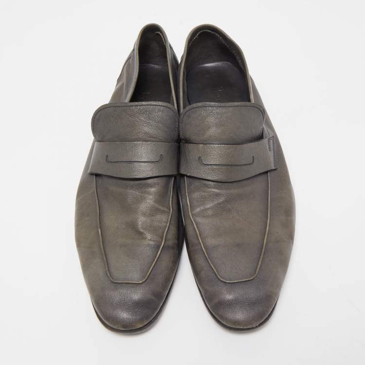 Pre Owned Berluti Grey Leather Lorenzo Slip On Loafers Size 42.5