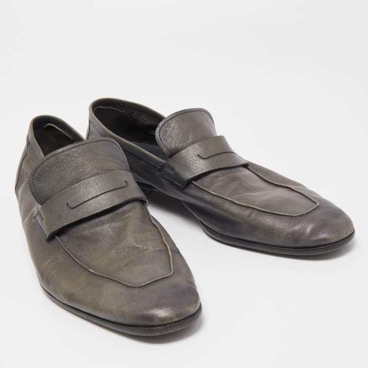 Pre Owned Berluti Grey Leather Lorenzo Slip On Loafers Size 42.5