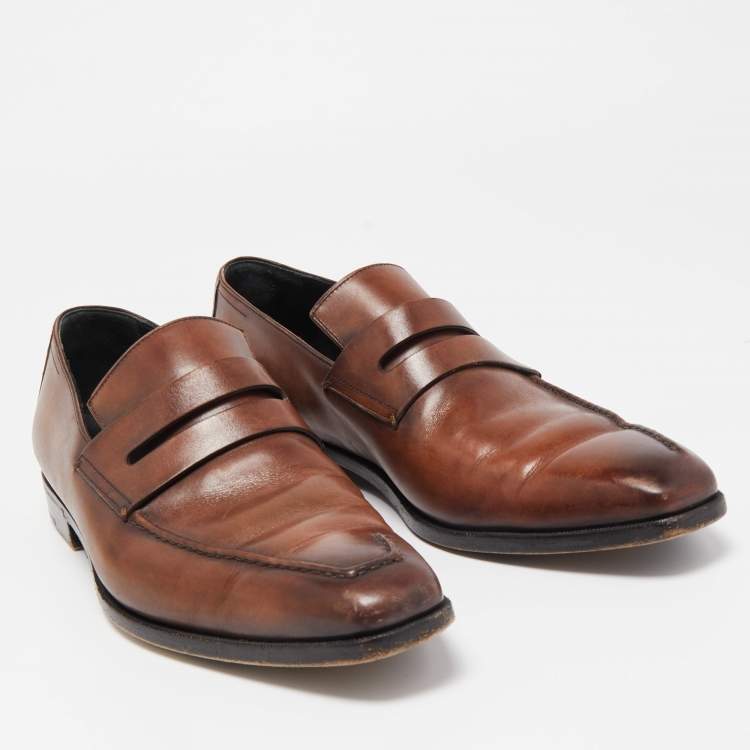 Pre Owned Berluti Brown Leather Lorenzo Penny Slip On Loafers Size 42