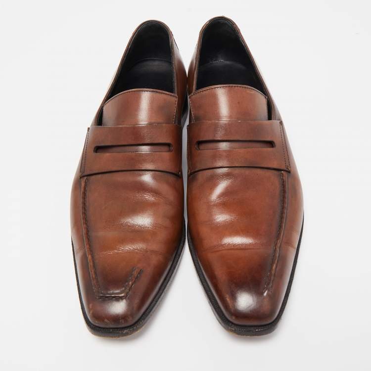 Pre Owned Berluti Brown Leather Lorenzo Penny Slip On Loafers Size 42