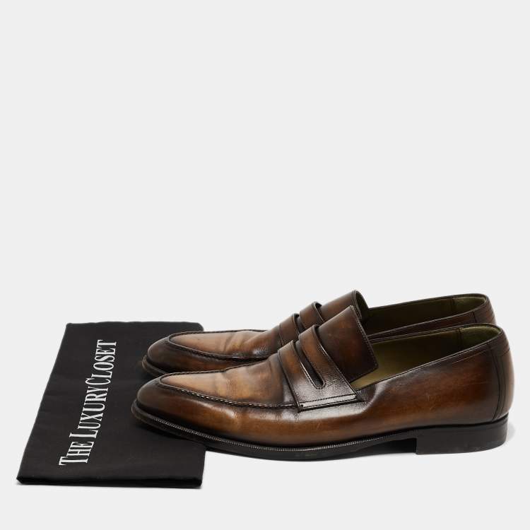 Pre Owned Berluti Brown Leather Penny Slip On Loafers Size 43
