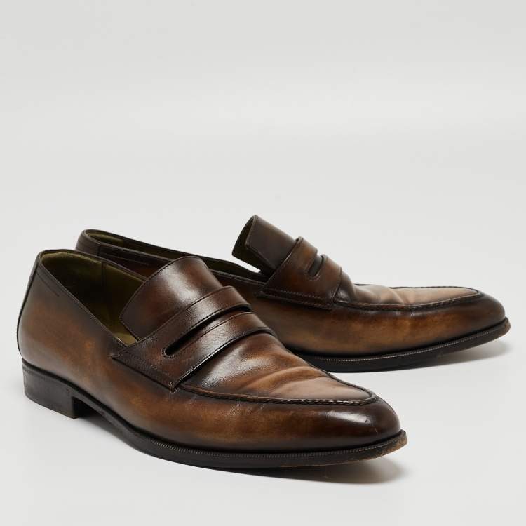 Pre Owned Berluti Brown Leather Penny Slip On Loafers Size 43