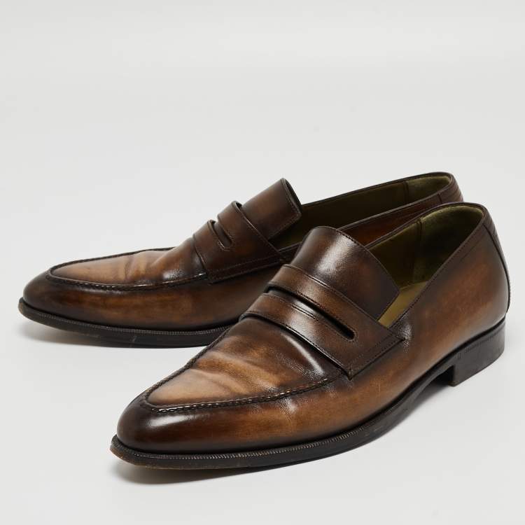 Pre Owned Berluti Brown Leather Penny Slip On Loafers Size 43