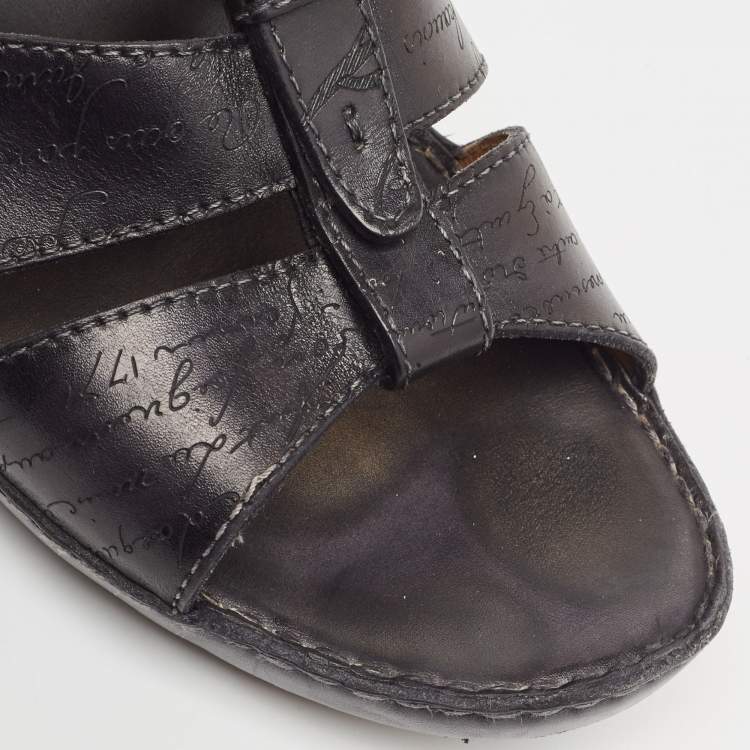 Pre Owned Berluti Black Embossed Leather Slides Size 43.5