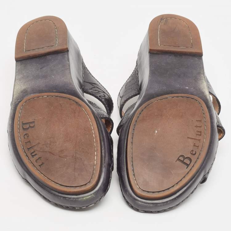Pre Owned Berluti Black Embossed Leather Slides Size 43.5