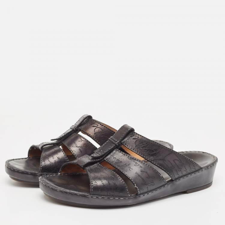 Pre Owned Berluti Black Embossed Leather Slides Size 43.5