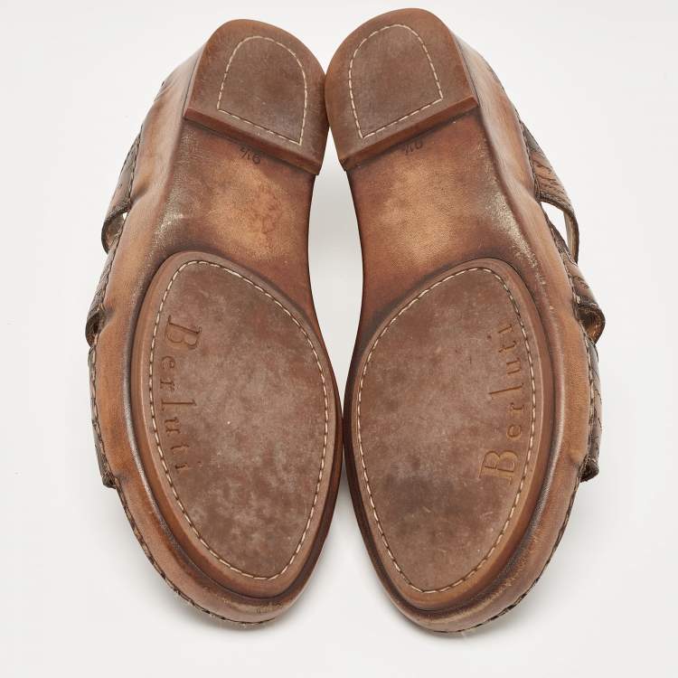 Pre Owned Berluti Brown Scritto Leather Slide Sandals 43.5