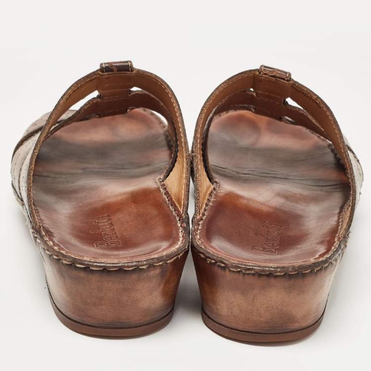 Pre Owned Berluti Brown Scritto Leather Slide Sandals 43.5