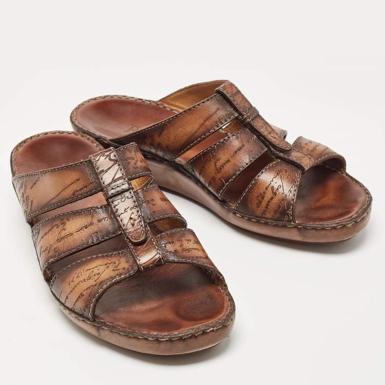 Pre Owned Berluti Brown Scritto Leather Slide Sandals 43.5