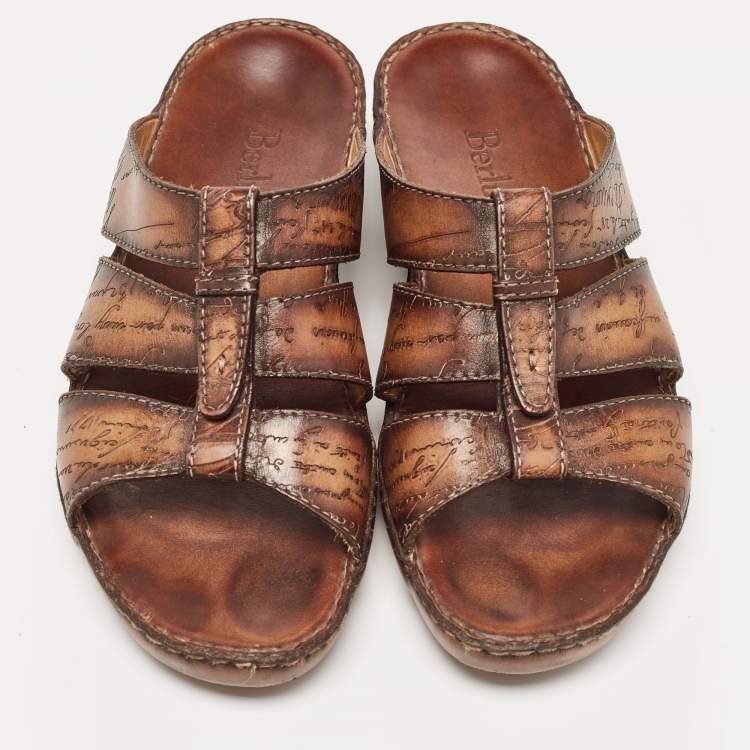 Pre Owned Berluti Brown Scritto Leather Slide Sandals 43.5