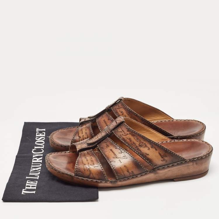 Pre Owned Berluti Brown Scritto Leather Slide Sandals 43.5