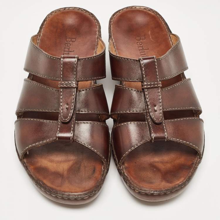 Pre Owned Berluti Dark Brown Leather Slide Sandals 43.5