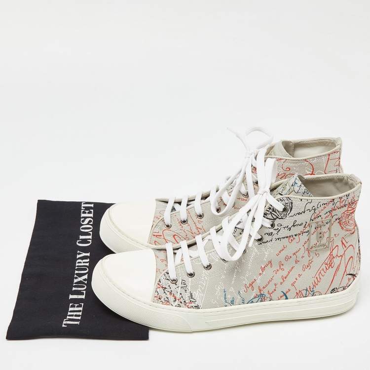 Pre Owned Berluti Grey Calligraphy Canvas High Top Sneakers Size 43.5