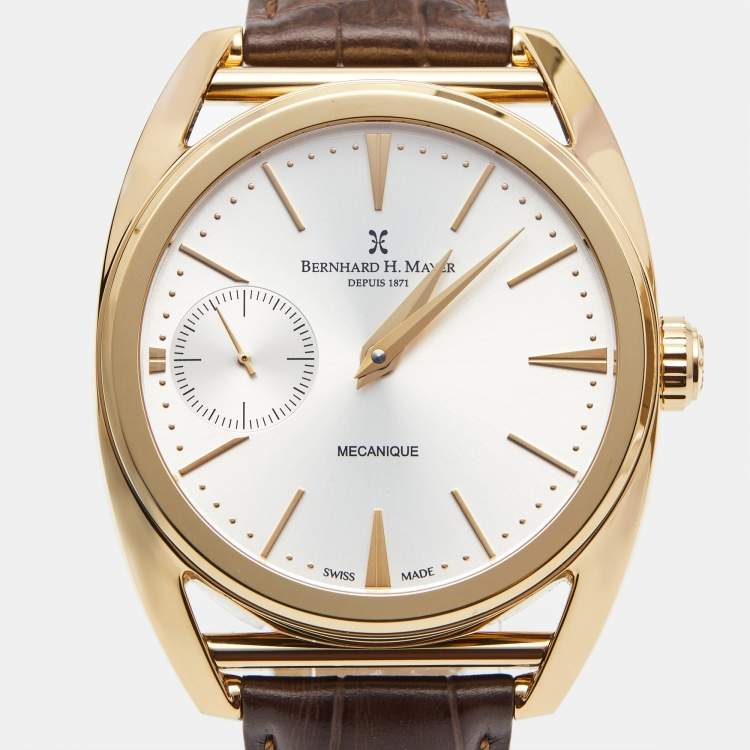 Pre Owned Bernhard H.Mayer Silver Rose Gold PVD Plated Stainless Steel Leather Mecanique BH30/CWR Men's Wristwatch 44 mm