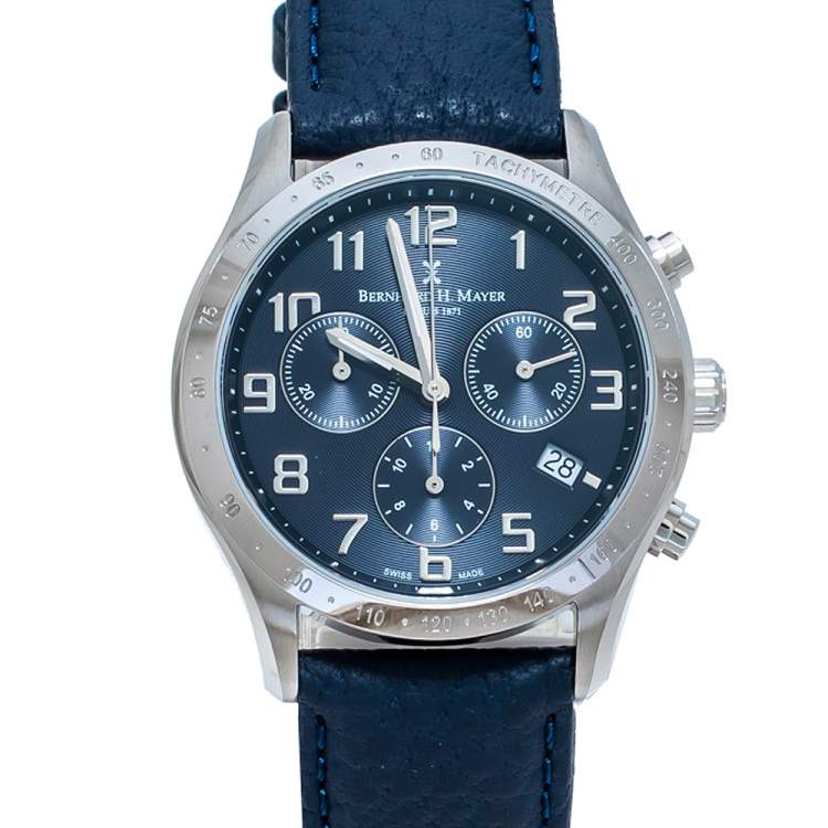Pre Owned Bernard H. Mayer Blue Stainless Steel Iris Chronograph Men's Wristwatch 38 mm