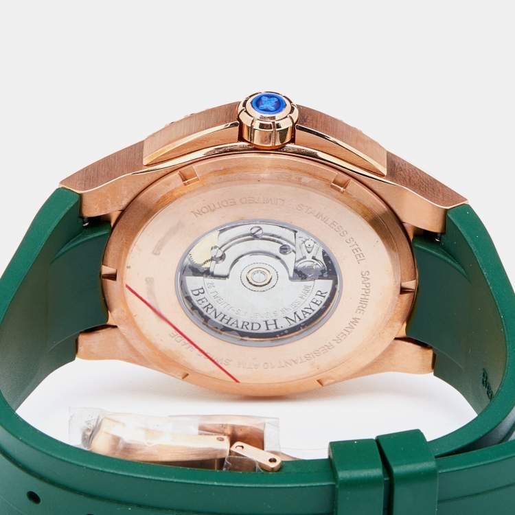 Pre Owned Bernhard H.Mayer Green Rose Gold PVD Plated Stainless Steel Rubber PowerMaster BH45T/CW Men's Wristwatch 44 mm