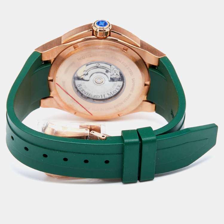 Pre Owned Bernhard H.Mayer Green Rose Gold PVD Plated Stainless Steel Rubber PowerMaster BH45T/CW Men's Wristwatch 44 mm