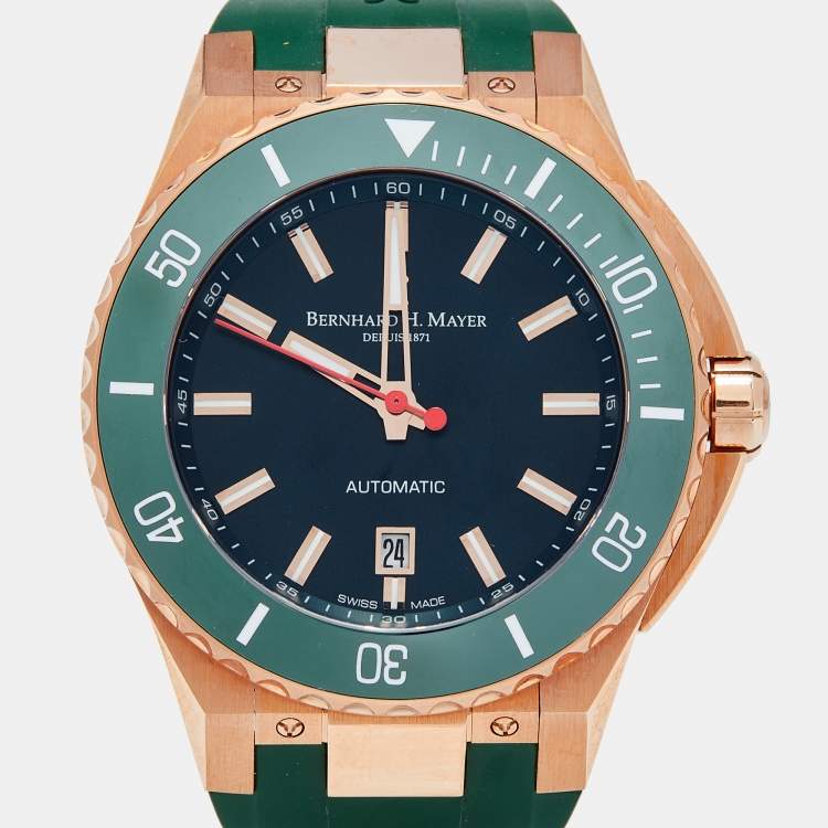 Pre Owned Bernhard H.Mayer Green Rose Gold PVD Plated Stainless Steel Rubber PowerMaster BH45T/CW Men's Wristwatch 44 mm