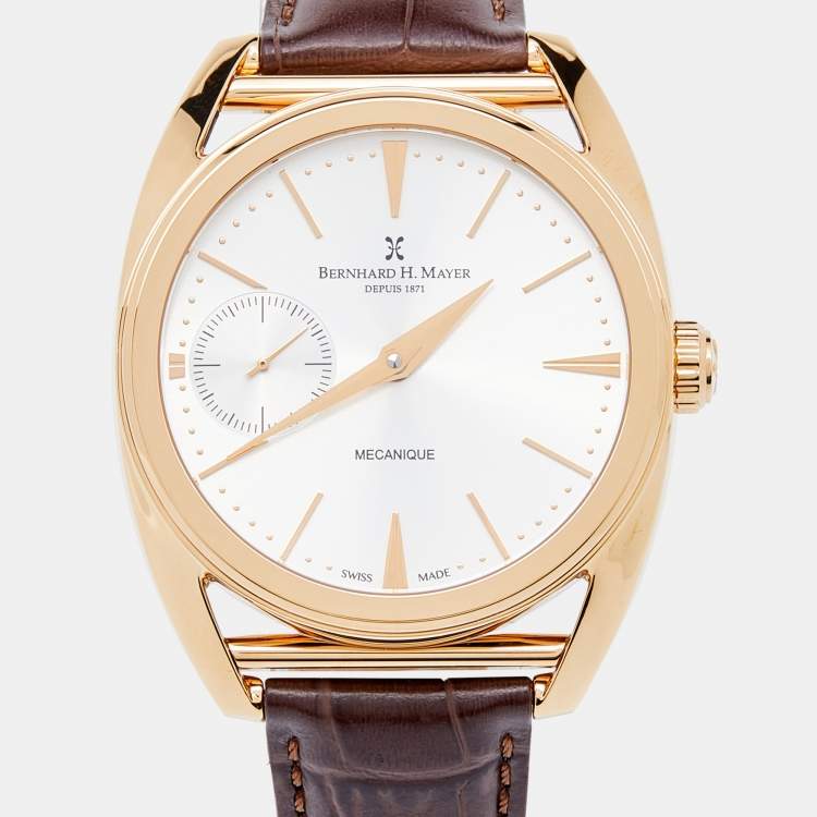 Pre Owned Bernhard H.Mayer Silver Rose Gold PVD Plated Stainless Steel Leather Mecanique BH30/CWR Men's Wristwatch 44 mm