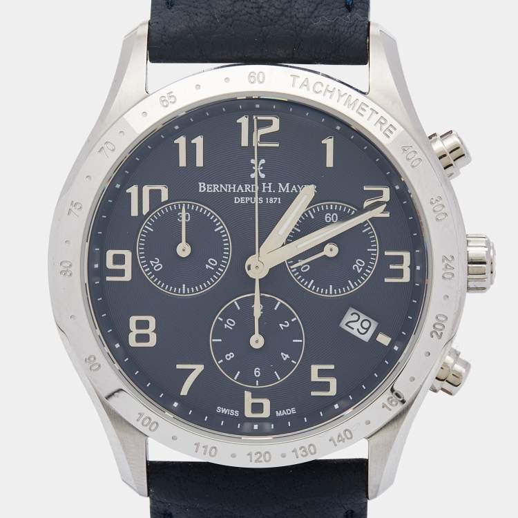 Pre Owned Bernard H. Mayer Blue Stainless Steel Leather Iris BH13/CWR Unisex Wristwatch 38 mm