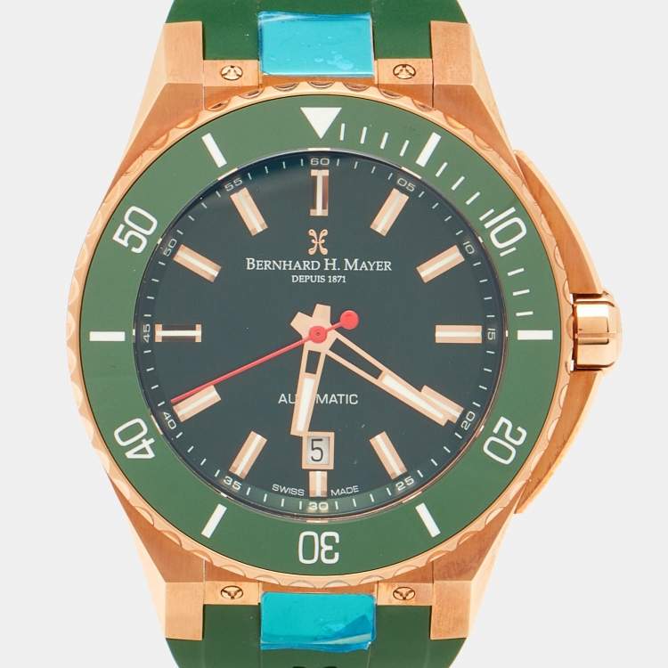 Pre Owned Bernhard H. Mayer Green Ceramic Rose Gold PVD Plated Stainless Steel Rubber Limited Edition PowerMaster BH45T/CW Men's Wristwatch 44 mm