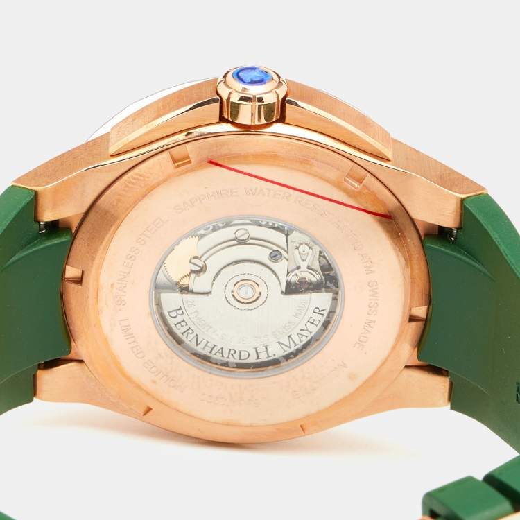 Pre Owned Bernhard H. Mayer Green Ceramic Rose Gold PVD Plated Stainless Steel Rubber Limited Edition PowerMaster BH45T/CW Men's Wristwatch 44 mm