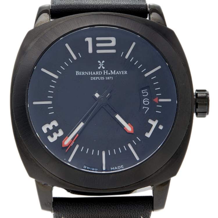 Pre Owned Bernhard H Mayer Black Stainless Steel Leather IL Nero Men's Wristwatch  44 mm