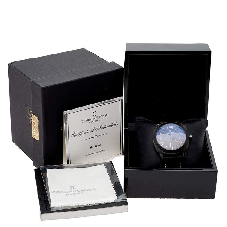 Pre Owned Bernhard H Mayer Black Stainless Steel Leather IL Nero Men's Wristwatch  44 mm