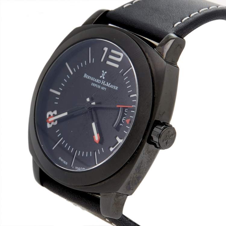 Pre Owned Bernhard H Mayer Black Stainless Steel Leather IL Nero Men's Wristwatch  44 mm