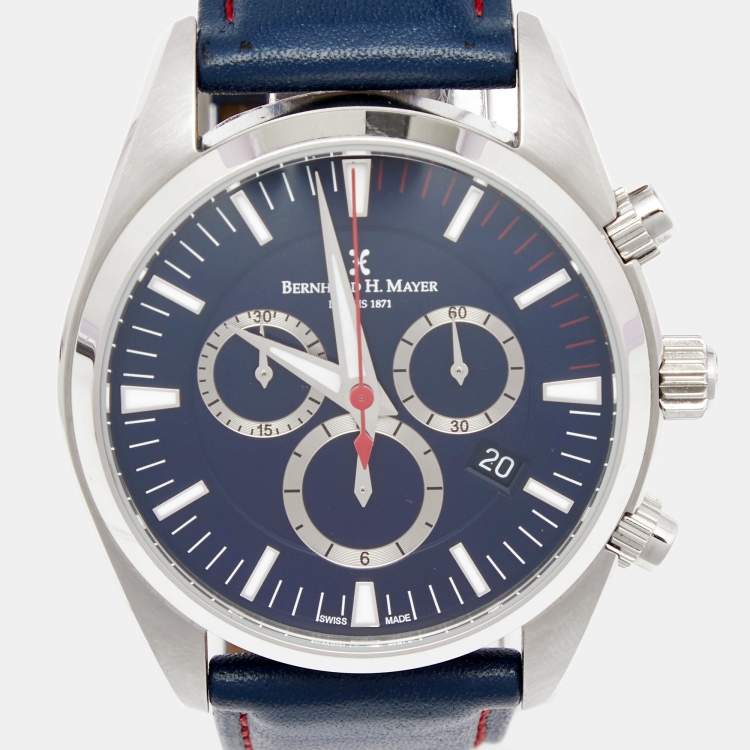 Pre Owned Bernhard H. Mayer Blue Stainless Steel Leather Ascent Chronograph BH06/CWP Men's Wristwatch 44 mm 