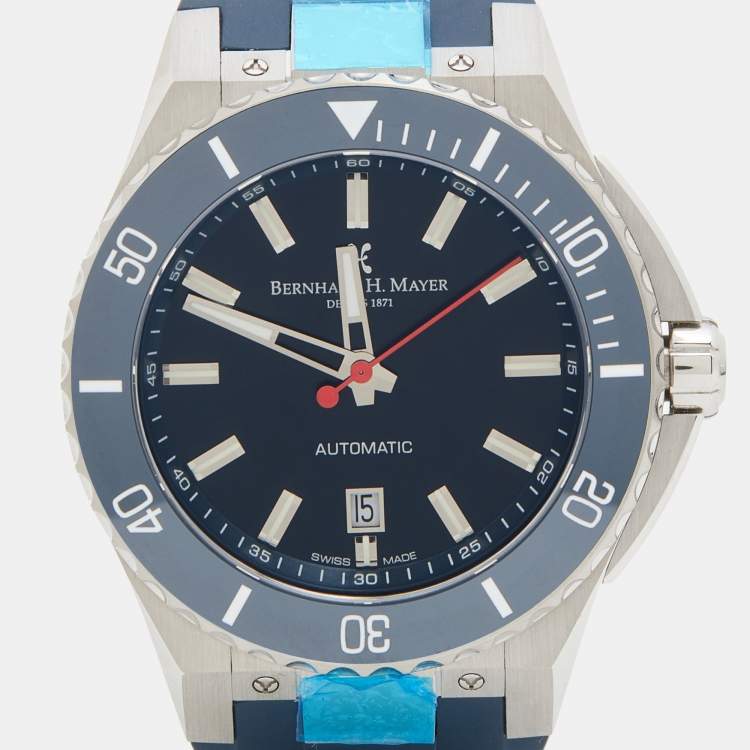 مملوكة مسبقًا Bernhard H. Mayer Blue Ceramic Stainless Steel Rubber Limited Edition PowerMaster Blue BH44T/CW Men's Wristwatch 44 mm