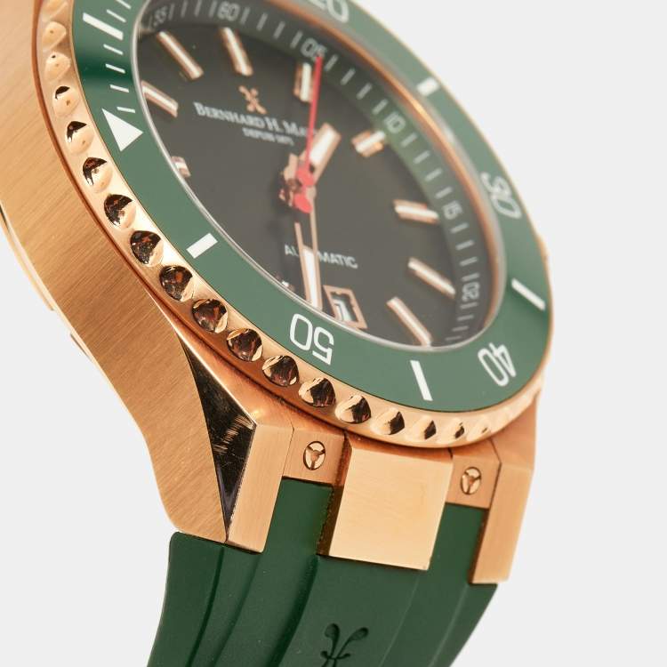 مملوكة مسبقًا Bernhard H. Mayer Green Ceramic Rose Gold PVD Plated Stainless Steel Rubber Limited Edition PowerMaster BH45T/CW Men's Wristwatch 44 mm