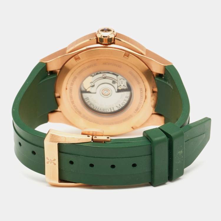 مملوكة مسبقًا Bernhard H. Mayer Green Ceramic Rose Gold PVD Plated Stainless Steel Rubber Limited Edition PowerMaster BH45T/CW Men's Wristwatch 44 mm