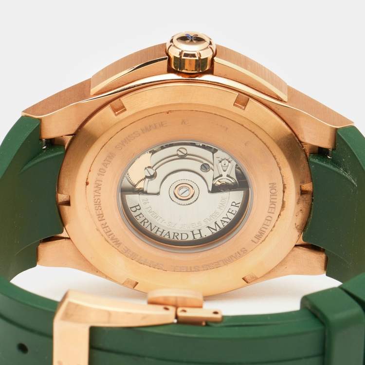 مملوكة مسبقًا Bernhard H. Mayer Green Ceramic Rose Gold PVD Plated Stainless Steel Rubber Limited Edition PowerMaster BH45T/CW Men's Wristwatch 44 mm