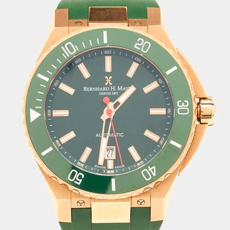 مملوكة مسبقًا Bernhard H. Mayer Green Ceramic Rose Gold PVD Plated Stainless Steel Rubber Limited Edition PowerMaster BH45T/CW Men's Wristwatch 44 mm
