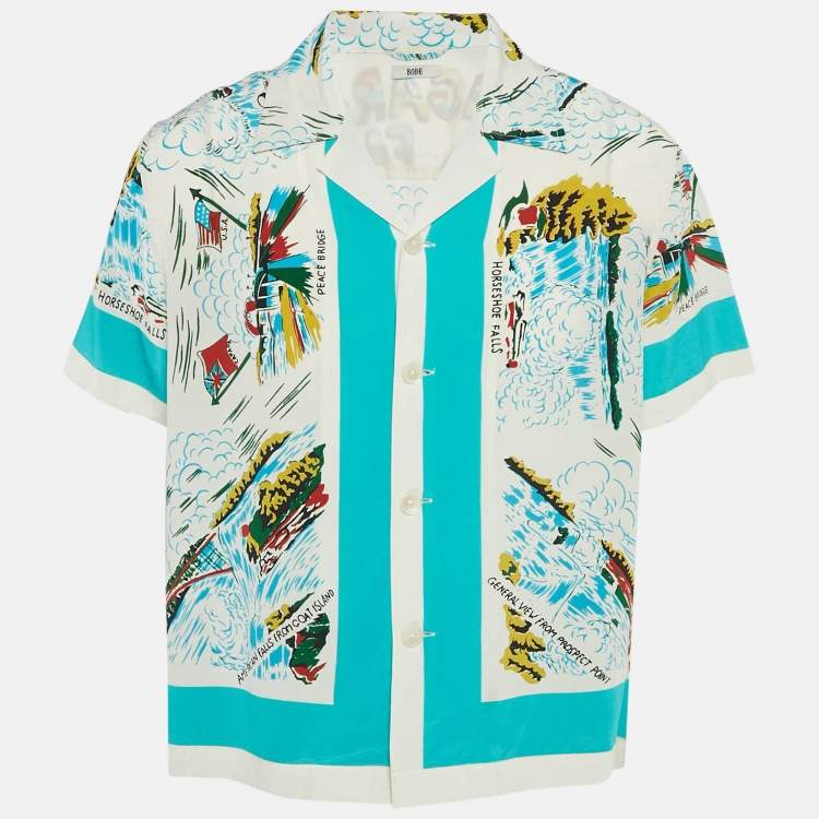 Pre Owned Bode Blue/White Niagara Falls Print Silk Shirt S/M