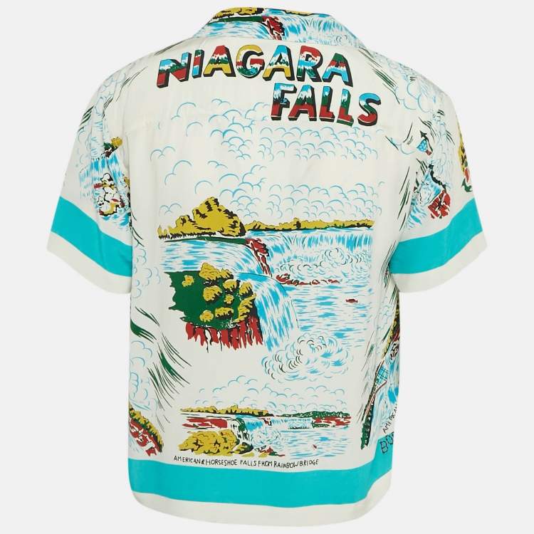 Pre Owned Bode Blue/White Niagara Falls Print Silk Shirt S/M