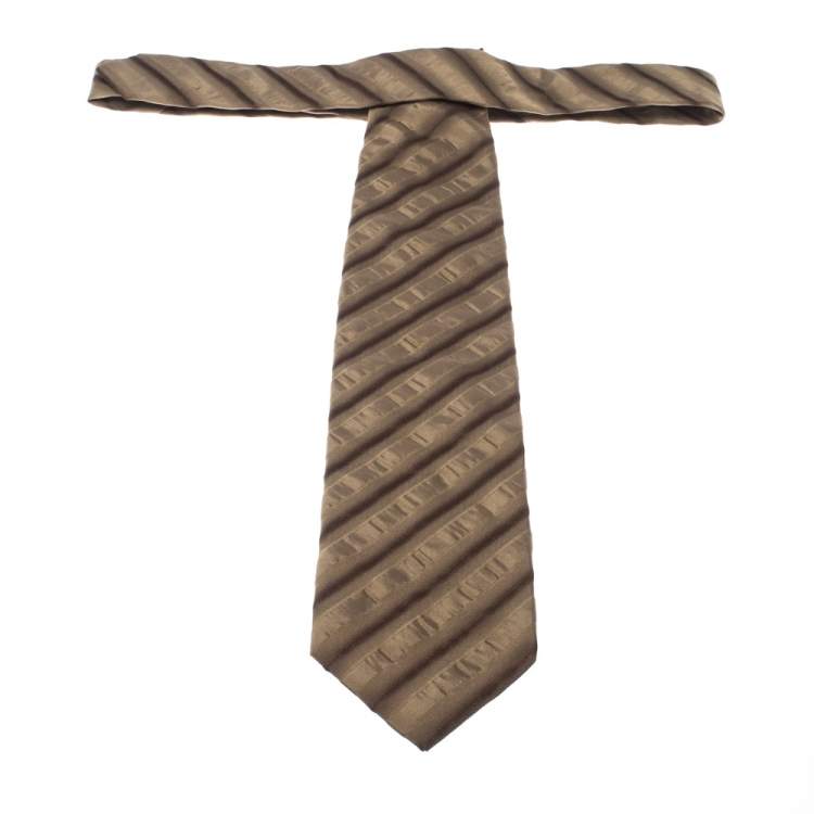 Pre Owned Boss by Hugo Boss Gold Monochrome Diagonal Striped Silk Tie 