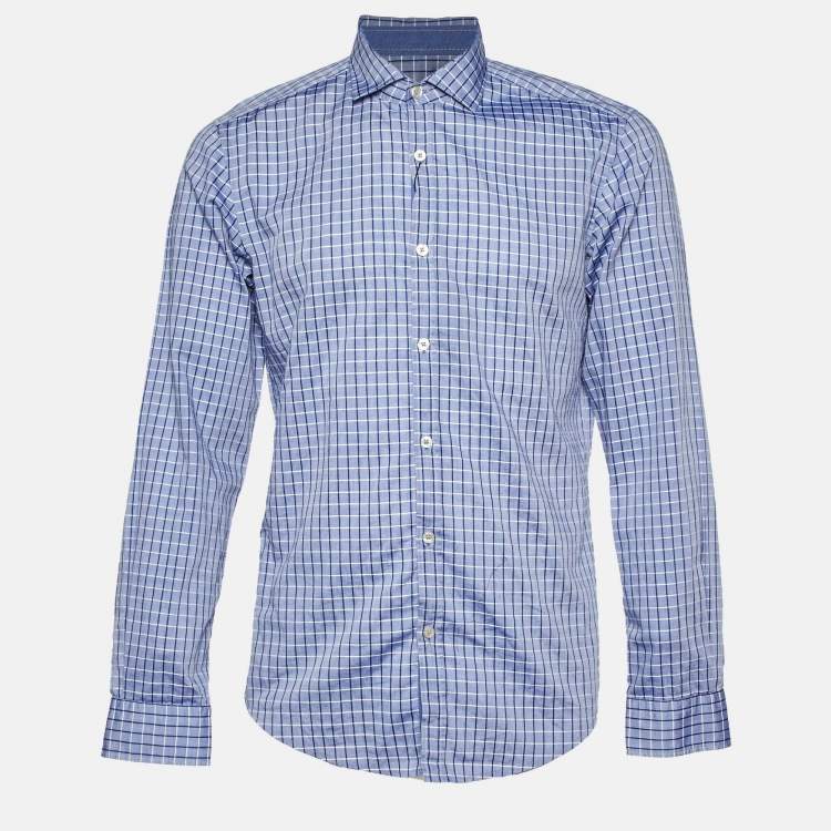 Pre Owned Boss By Hugo Boss Blue Checked Cotton Button Front Shirt M