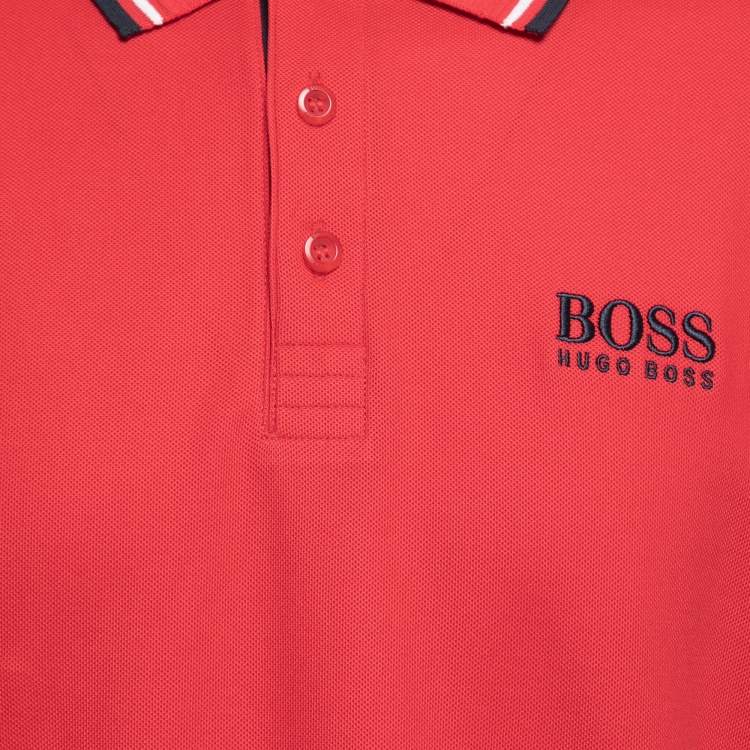 Pre Owned Boss By Hugo Boss Red Cotton Logo Embroidered Polo T-Shirt XL