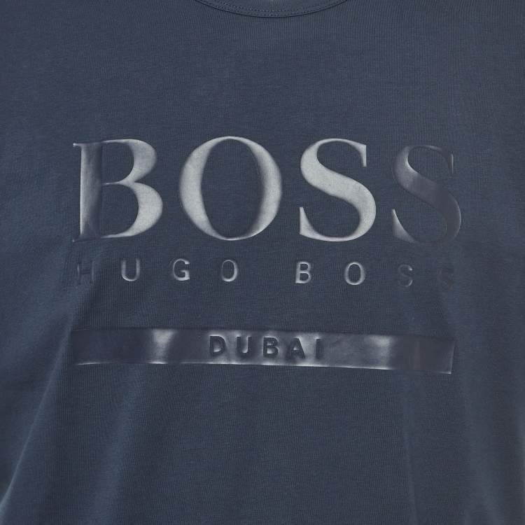 Pre Owned Boss By Hugo Boss Navy Blue Logo Print Cotton Knit Half Sleeve T-Shirt XXL