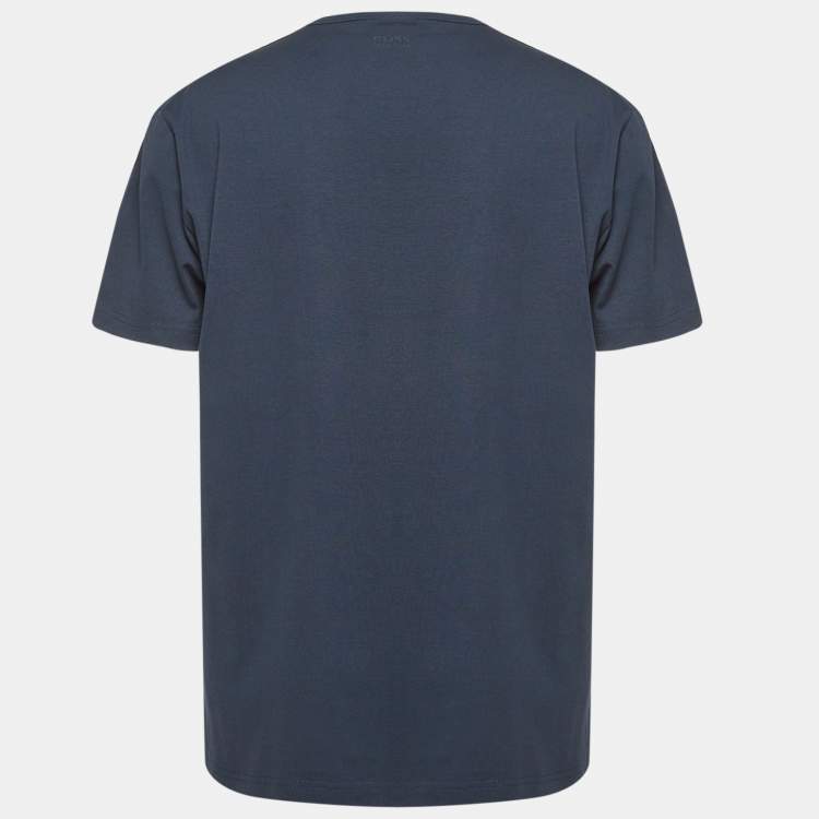 Pre Owned Boss By Hugo Boss Navy Blue Logo Print Cotton Knit Half Sleeve T-Shirt XXL