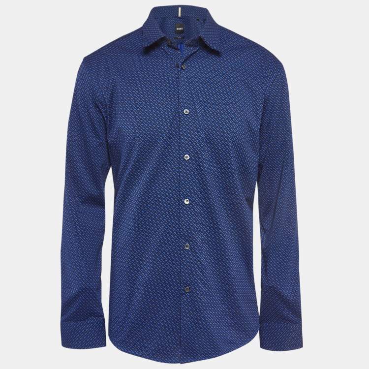 Pre Owned Boss By Hugo Boss Blue B Monogram Cotton Blend Slim Fit Shirt XL