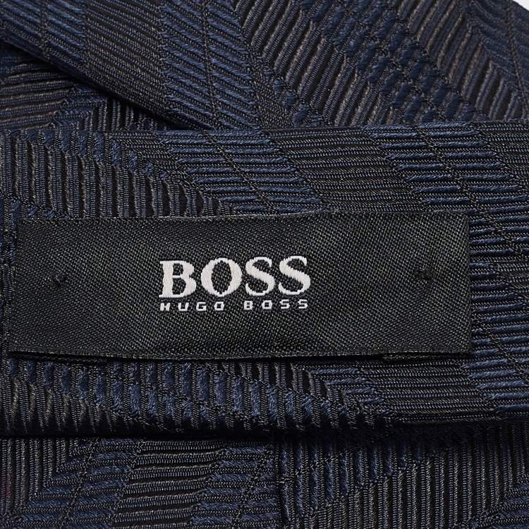 مملوكة مسبقًا Boss by Hugo Boss Navy Blue Jacquard Silk Skinny Tie 
