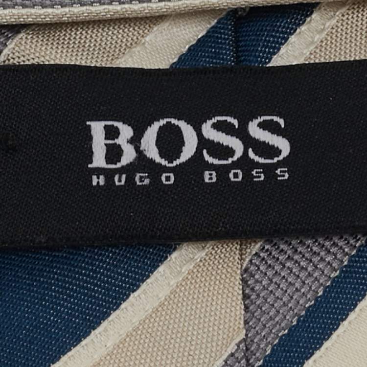 Pre Owned Boss By Hugo Boss Blue/Beige Diagonal Striped Silk Tie